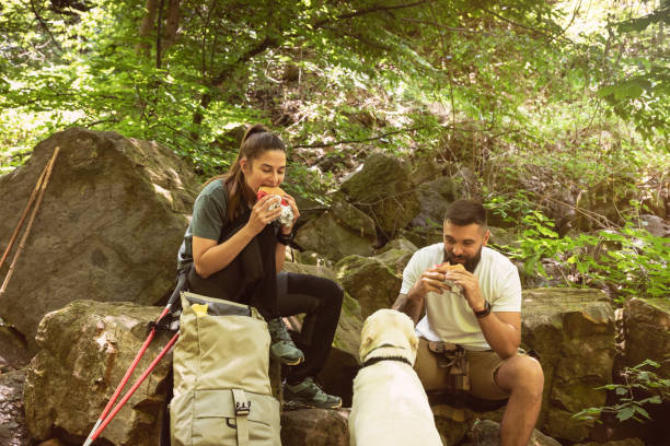 Senderistas comiendo un bocadillo casero en el campo